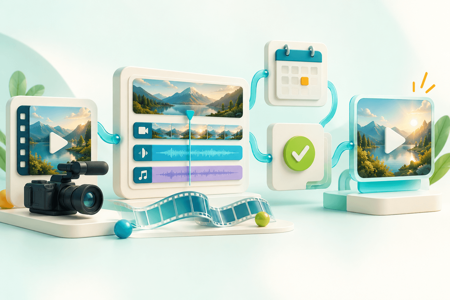 Concept illustration showing video editing, scheduling, approval and publication connected in one workflow