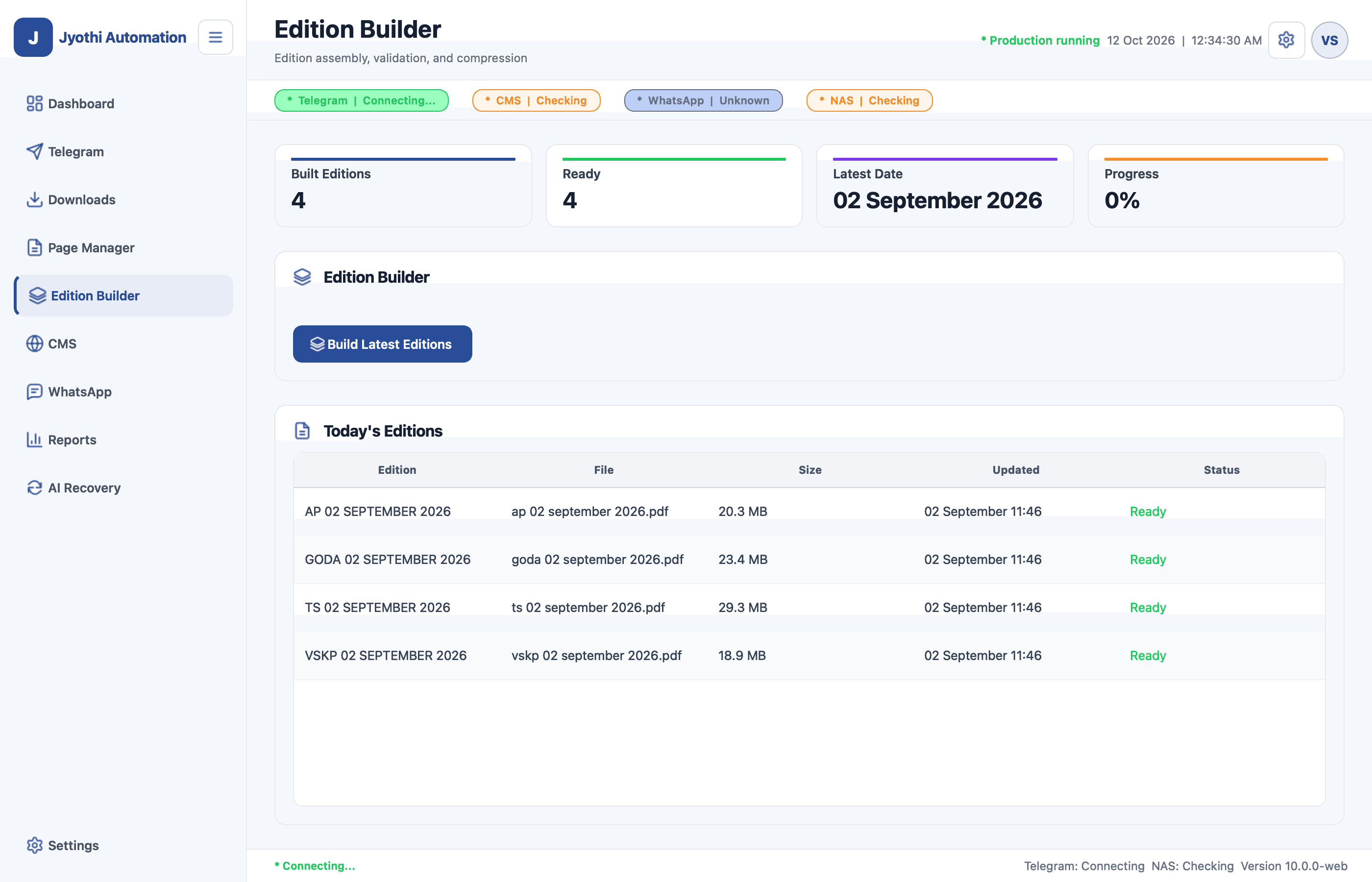 Jyothi Automation edition builder showing four prepared newspaper editions