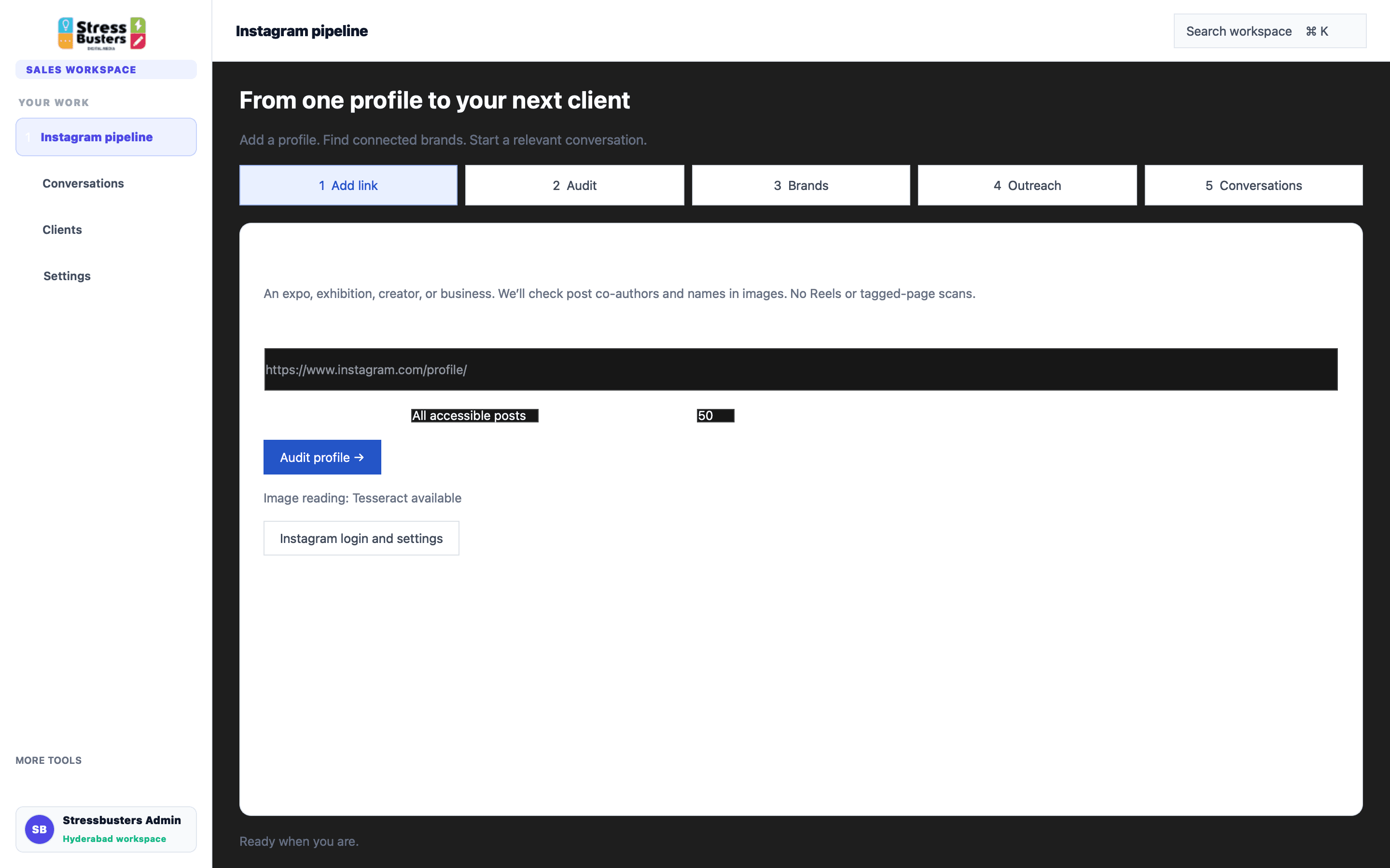 Actual desktop sales assistant showing the five-stage Instagram research pipeline: add link, audit, brands, outreach and conversations